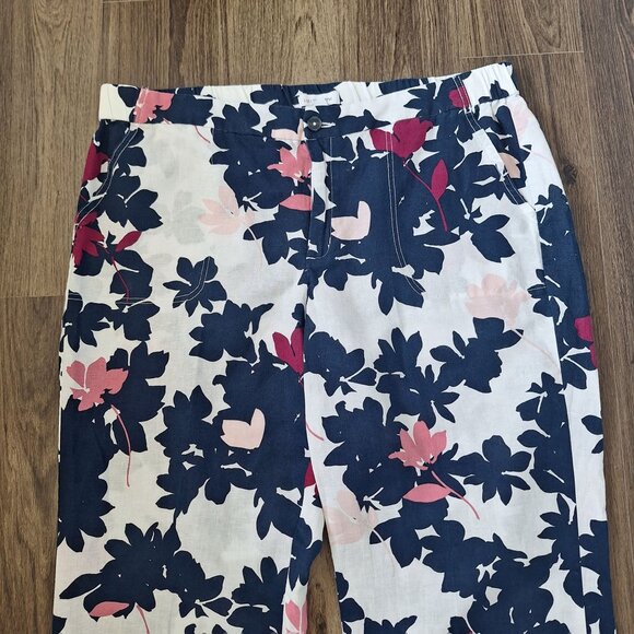 💙 Liz Claiborne Floral Wide Leg Elastic Waist Pants Size XL/2X Casual Linen Ble - Picture 2 of 8